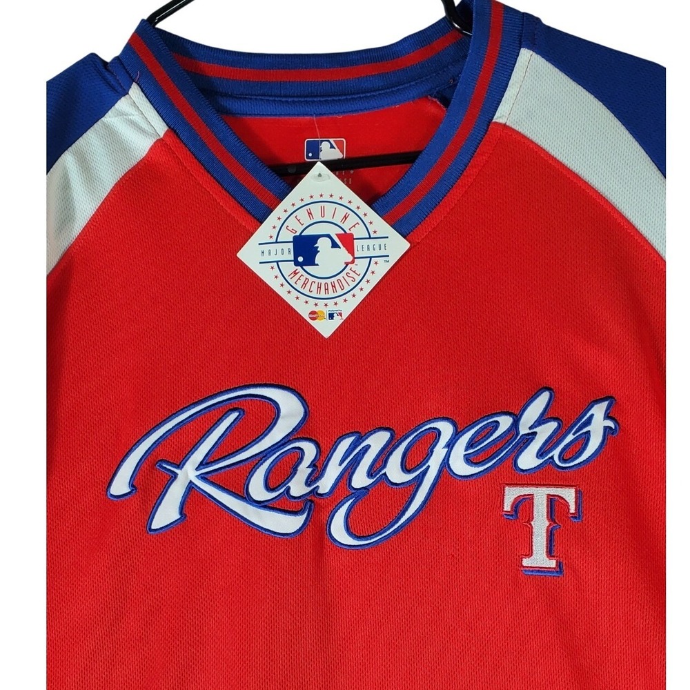 MLB Texas Rangers Jersey Shirt Red‎ Blue White V-Neck Mens XL New With Tags